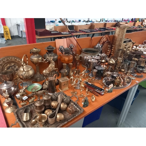 159 - Metalware to include oil lamps, brass ornaments, silver plated trophies, etc