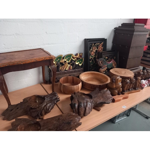 170 - A selection of wooden items - driftwood clocks, wooden plaques, ornaments, and a side table