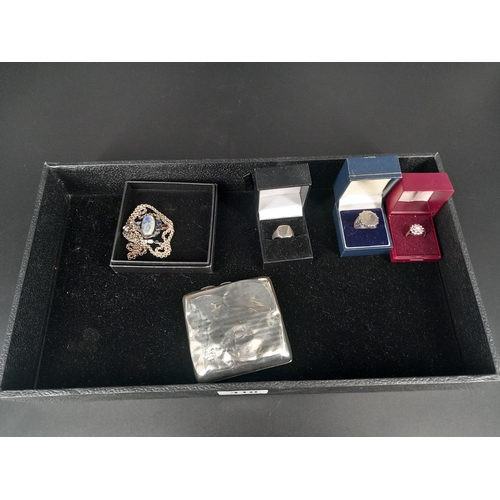 410 - Silver rings, pendant and chain and cigarette case (cigarette case is dented)