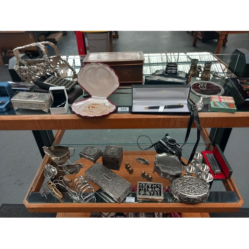 420 - Good quality silver plate, vintage items to include a Hohner mouth organ, cameras and costume jewell... 