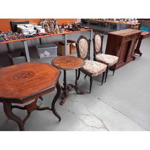 211 - A rosewood desk, cabinet, pair of Edwardian chairs, side tables etc