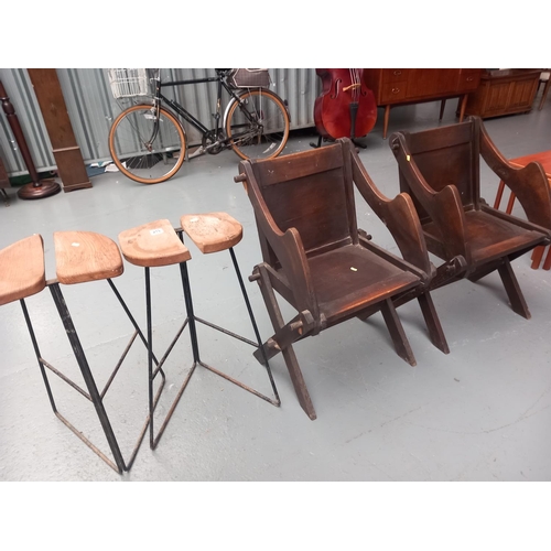 219 - A pair of oak hall chairs and a pair of mid century high stools