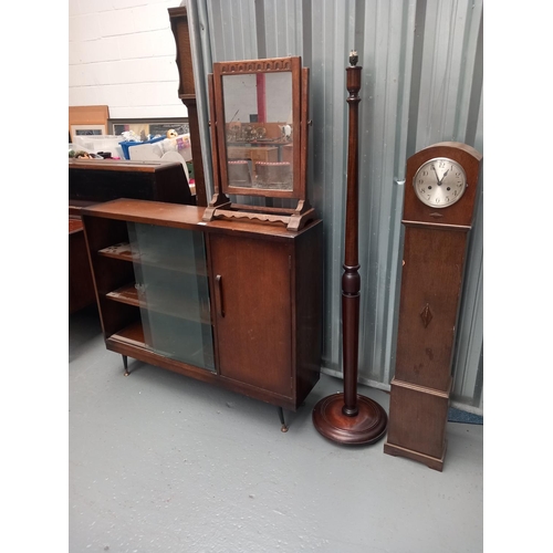 230 - A glass fronted cabinet, granddaughter clock, standard lamp etc