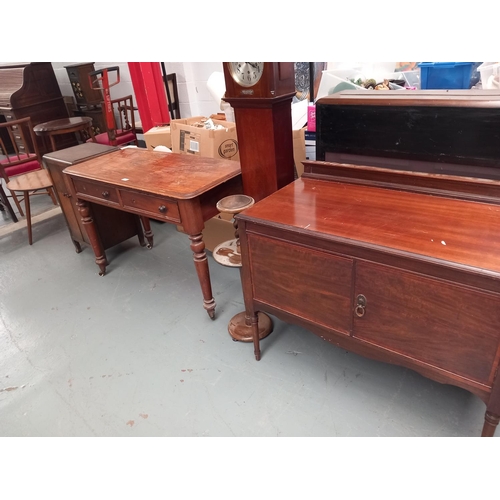 231 - A granddaughter clock, sideboard, Victorian two drawer desk, cabinets etc