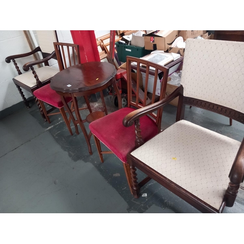 232 - A pair of oak barley twist carvers, side table and a pair of Edwardian chairs