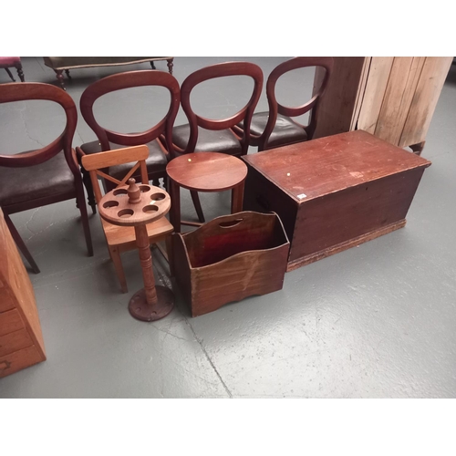 136 - A pine blanket box, magazine rack, teak side table, stick stand and small pine chair