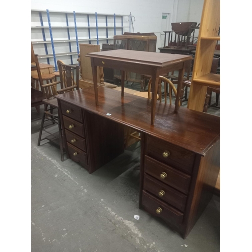 364 - A pine twin pedestal desk, mahogany coffee table and high chairj