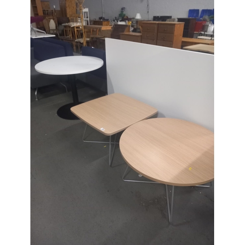 399 - Two  wooden topped metal framed orangebox coffee tables together with folding office table