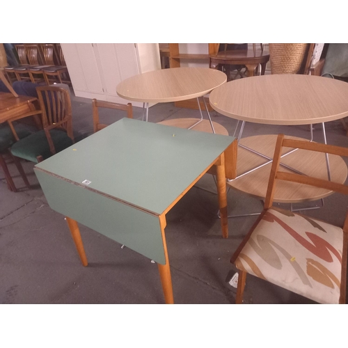 401 - Formica topped drop leaf dining table and two chairs