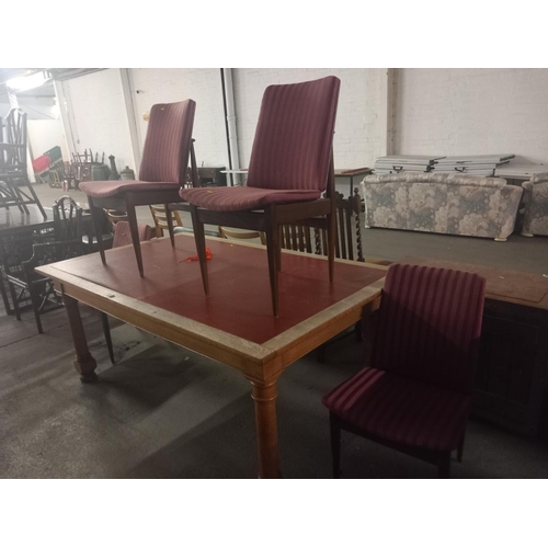 406 - A large oak framed leatherette insert table together with four retro chairs