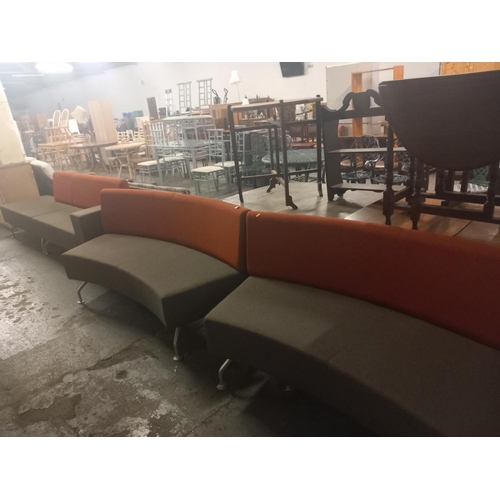 415 - Two orange box upholstered curved reception sofas along with a two sectioned orangebox upholstered s... 