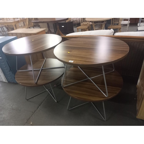 417 - Four circular wooden topped metal framed orangebox coffee tables