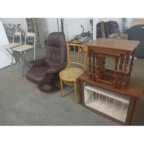 427 - A leatherette reclining swivel armchair, folding bar stools etc