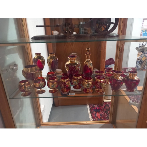 201 - A collection of good quality bohemian ruby red glassware - glass sets, vases etc