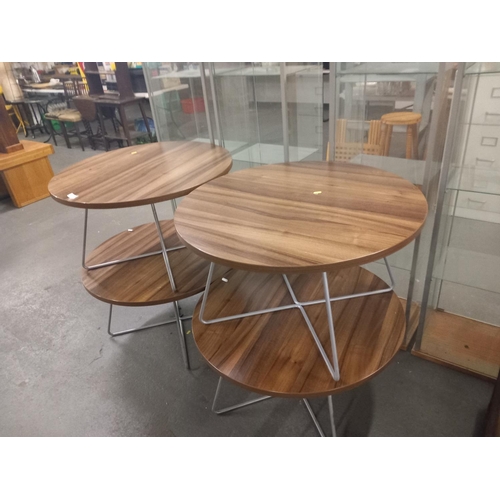 366 - Four circular wooden topped metal framed orangebox coffee tables