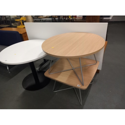 367 - Two  wooden topped metal framed orangebox coffee tables together with folding office table