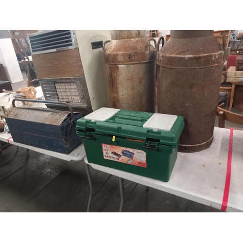 421 - Two milk churns, heater and two tool boxdes