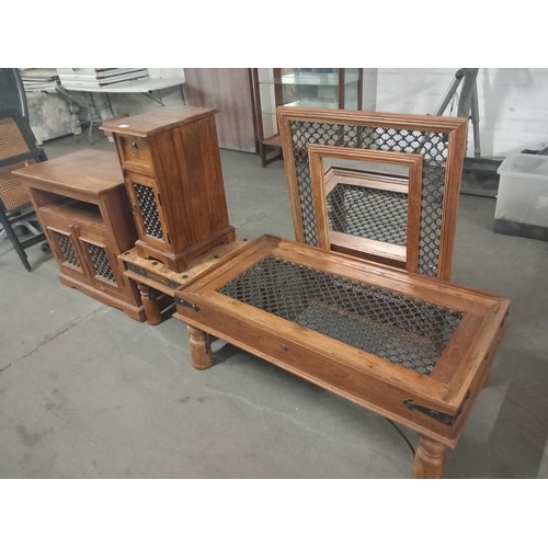 432 - A  mexican pine coffee table, mirror, bedside cabinet and one other cabinet