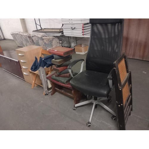 433 - A swivel office chair, sideboard, chest of drawers, folding chairs etc