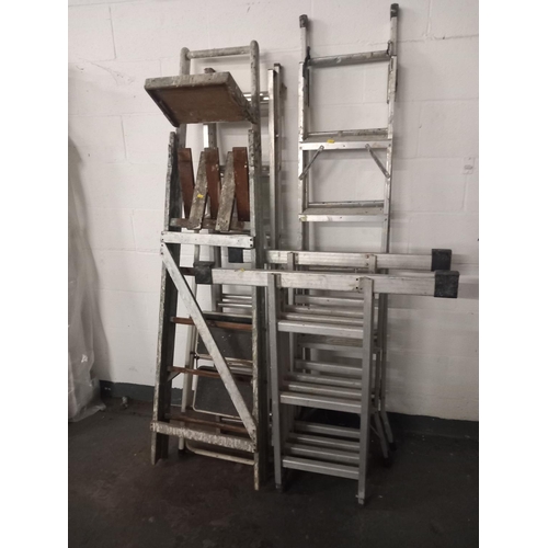 450 - Three aluminium and one wooden step ladder