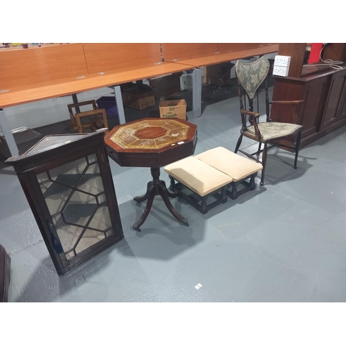 106 - A wall hanging glass fronted corner cabinet, octagonal shaped side table, two stools and a hall chai... 