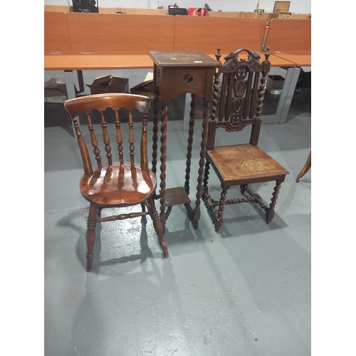 109 - A barley twist plant stand together with a hall chair on barley twist support and one other chair