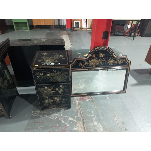 115 - A reproduction Chinese three drawer cabinet and Chinese mirror