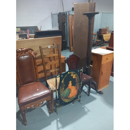 116 - A large oak plant stand, fire screen, cabinet and three chairs