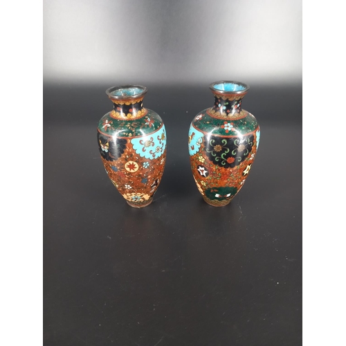 223 - A pair of early good quality Cloisonne vases - butterfly and floral decoration - no obvious signs of... 