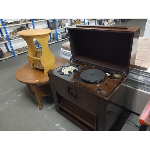 361 - A record cabinet, large circular coffee table and one other