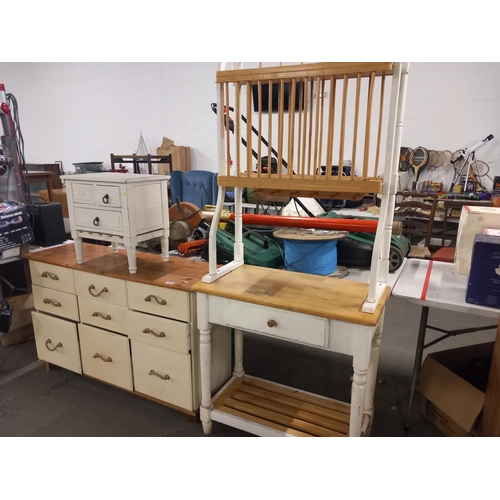 365 - A painted pine kitchen cabinet, chest of drawers and bedside cabinet