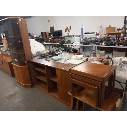 396 - 2 nest of tables, teak bookcase and teak corner cabinet