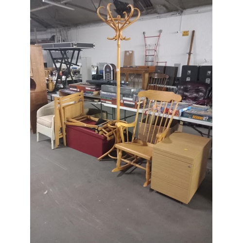 403 - A benchwood style coat stand, folding chairs, filing cabinet etc