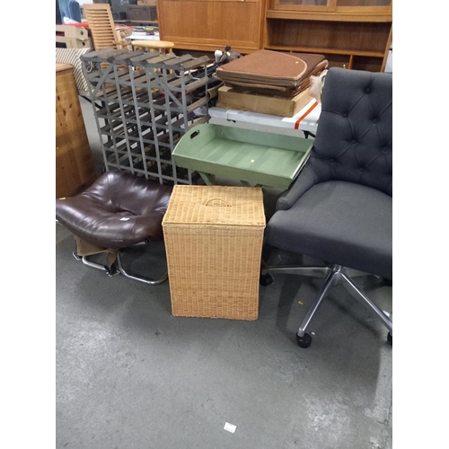 360 - A mid century style leather and chrome pouffe, wine rack, swivel office chair, wicker basket etc