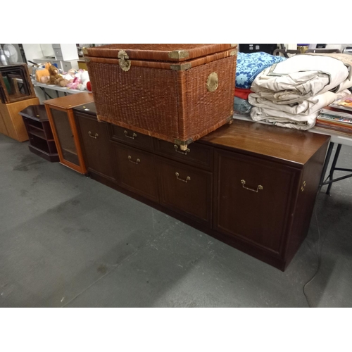 366 - A sideboard, large wicker basket, glass fronted cabinet and one other