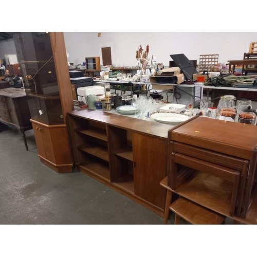 388 - 2 nest of tables, teak bookcase and teak corner cabinet