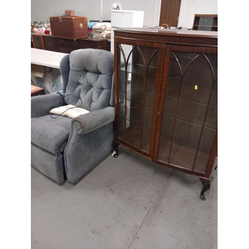 390 - A glass fronted china cabinet, electric reclining chair, arm chair, glass topped coffee table and st... 