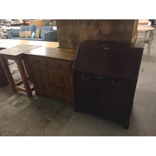 406 - A writing bureau, side table and oak sideboard