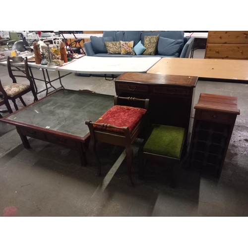 407 - A large coffee table, piano stool, bookcase and one other stool