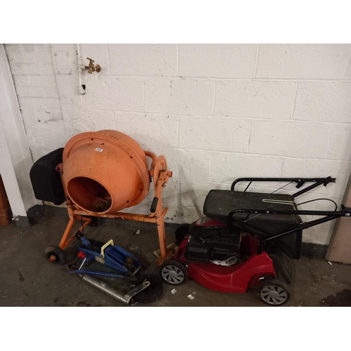 419 - A Manfield petrol lawnmower, cement mixer and car jack