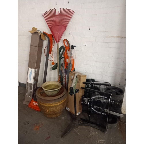 421 - Fishing trolley, plant pots, Flymo lawnmower, parasol etc