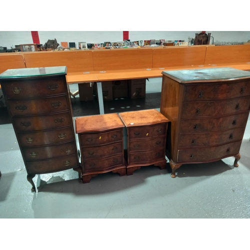 556 - A pair of serpentine bedside cabinets, chest of drawers and one other chest of drawers