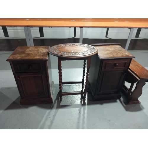 560 - A pair of oak bedside cabinets, oak side table on barley twist supports and a small oak drop leaf ta... 