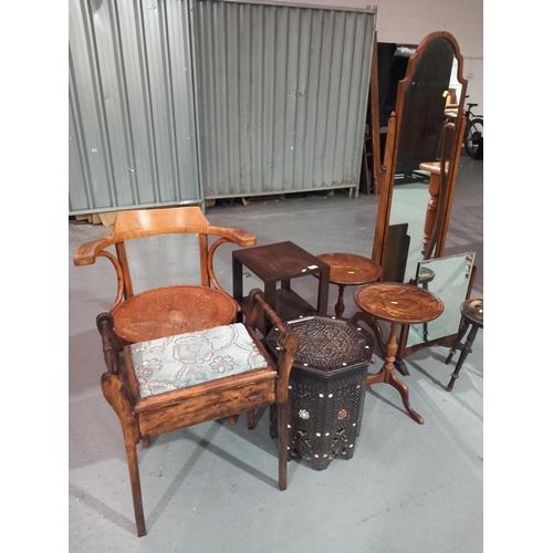 568 - A cheval  mirror, two wine tables, piano stool, armchair etc