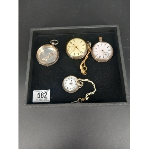 582 - Two gents silver pocketwatches, a silver pocketwatch case and a ladies continental silver pocket wat... 