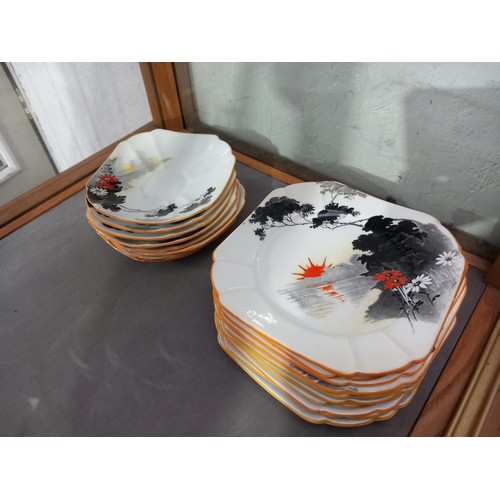 100 - A Shelley sunset and flowers part tea set - two tureens with lids, 2 cake serving plates, 1 large bo... 