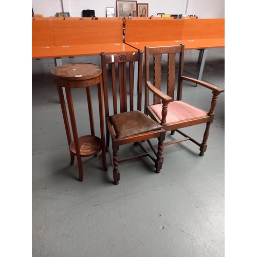 71 - A mahogany plant stand together with an oak armchair and oak bedroom chair