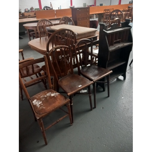 130 - An oak bureau, hall chair and two bentwood chairs