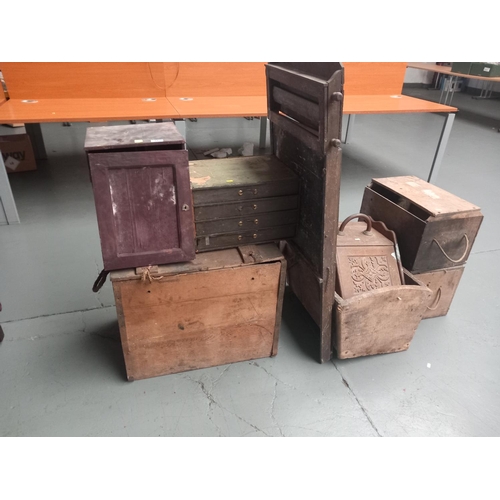 112 - A coal scuttle together with various wooden boxes