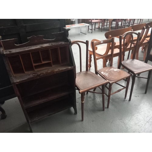 127 - An oak bureau, hall chair and two bentwood chairs